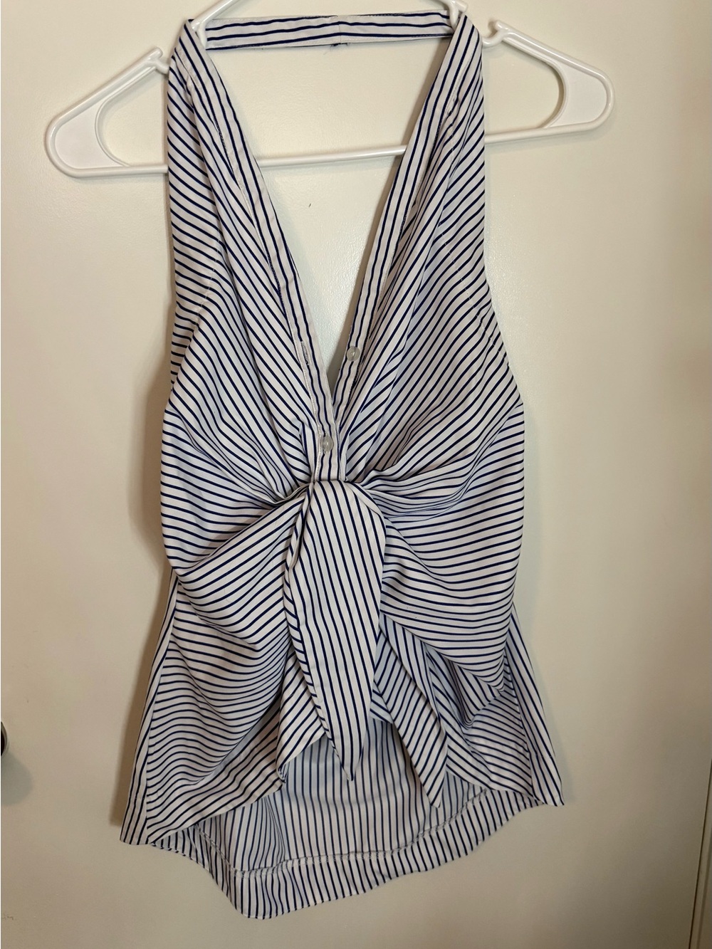 Striped Knot-Front Halter Top - White & Navy